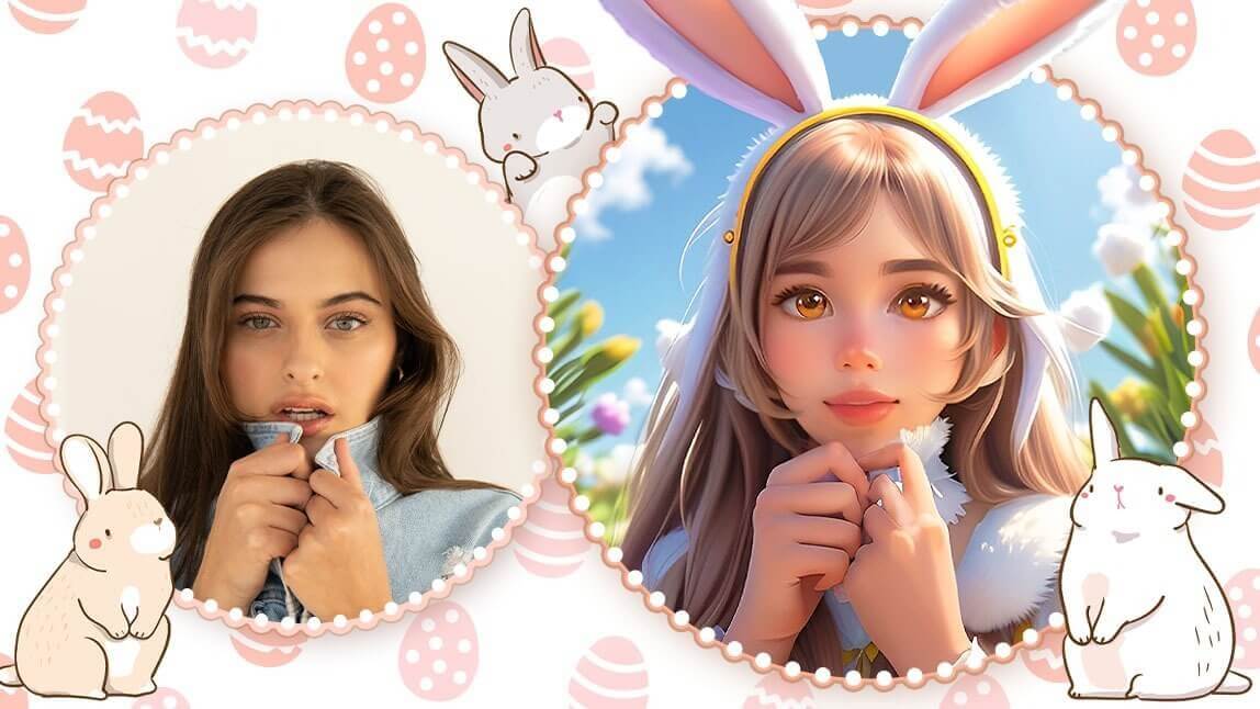 Mulher transformada em coelho cartoon de Páscoa com filtro de IA do YouCam AI Pro — foto antes e depois com orelhas de coelho e cenário primaveril