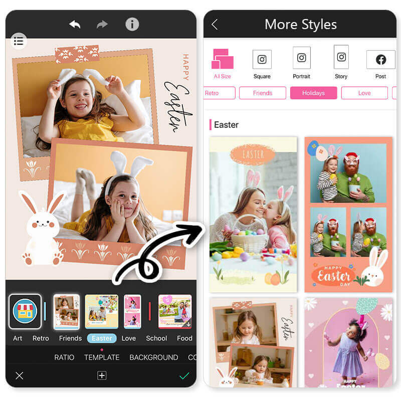 Modelos temáticos de coelho da Páscoa no YouCam Perfect para editar fotos com fundos pastel e decorações festivas