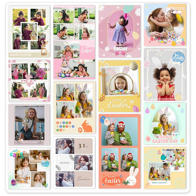 Template de Páscoa personalizado com flores e ovos para foto de família.