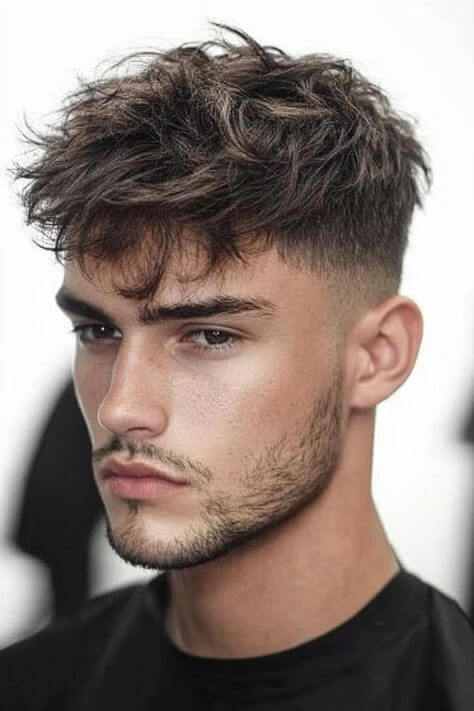 Franja bagunçada masculina: visual despojado que emoldura o rosto, tendência 2026.