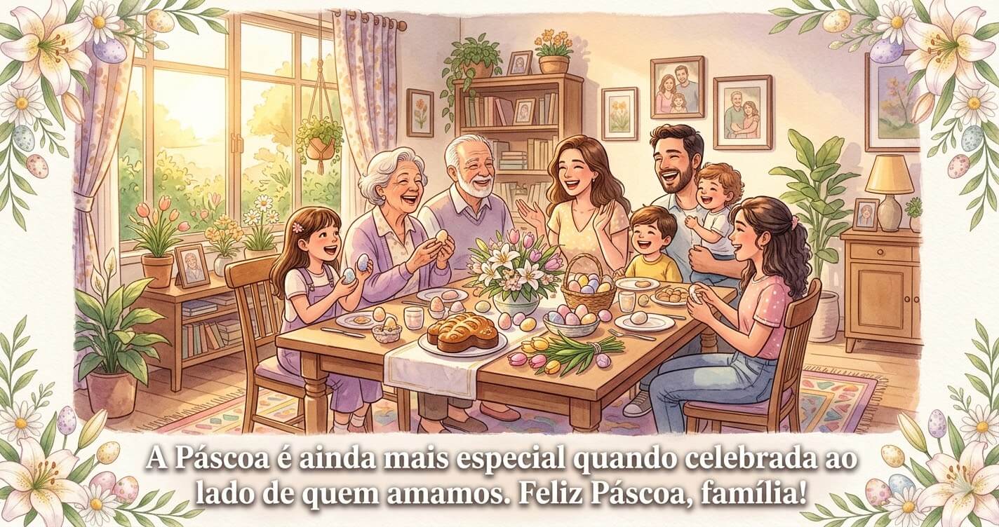 Ilustração aquarelada de família brasileira multigeracional reunida à mesa de Páscoa com ovos coloridos e flores, celebrando com alegria