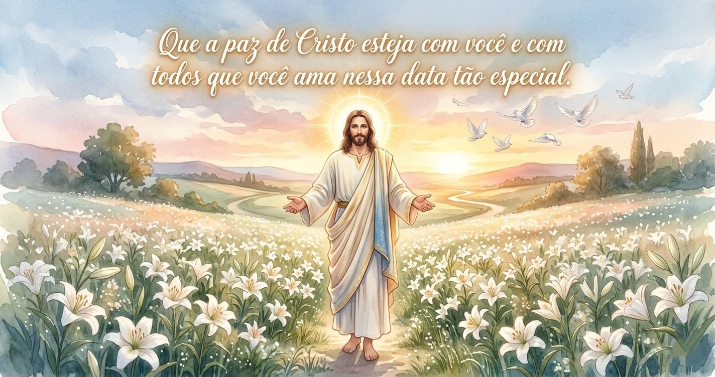 Ilustração aquarelada de Jesus Cristo em campo de lírios brancos ao amanhecer com pombas voando, com mensagem de paz de Cristo na Páscoa