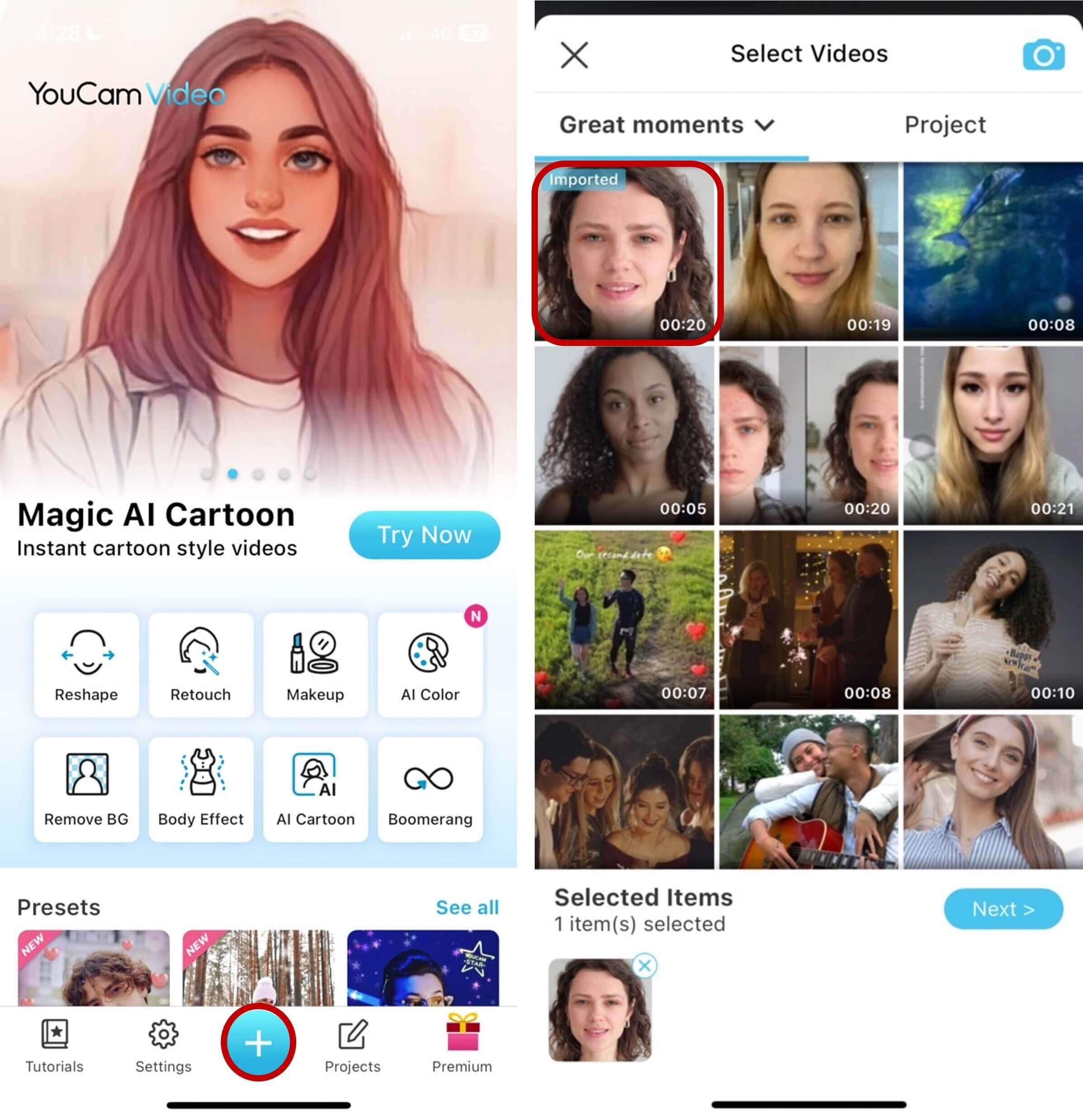 tela inicial do YouCam Video para criar projeto com filtro de Páscoa
