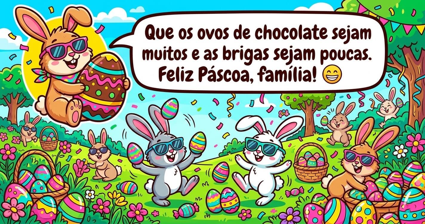 Ilustração cartoon de coelhinhos animados com óculos escuros comemorando no jardim com ovos de Páscoa coloridos e frase humorística para família