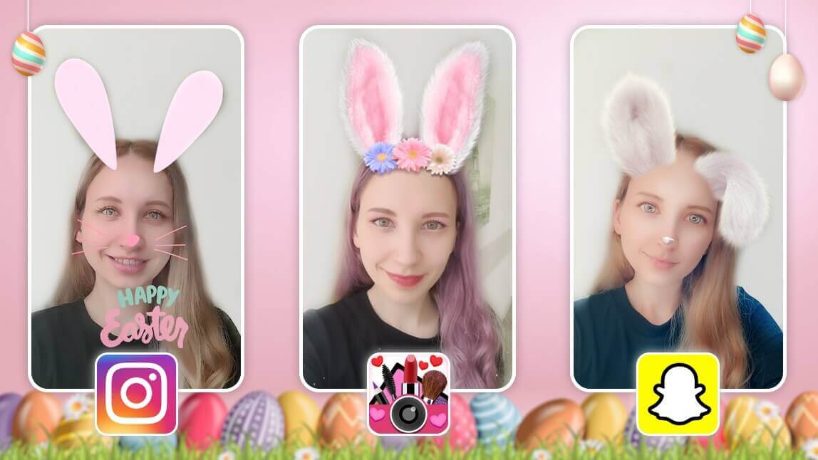 Três selfies com filtro de coelho da Páscoa no Instagram, YouCam Makeup e Snapchat