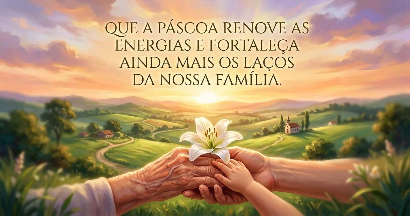 Pintura digital de mãos de três gerações unidas segurando lírio branco com paisagem verde e pôr do sol ao fundo, mensagem de Páscoa para família