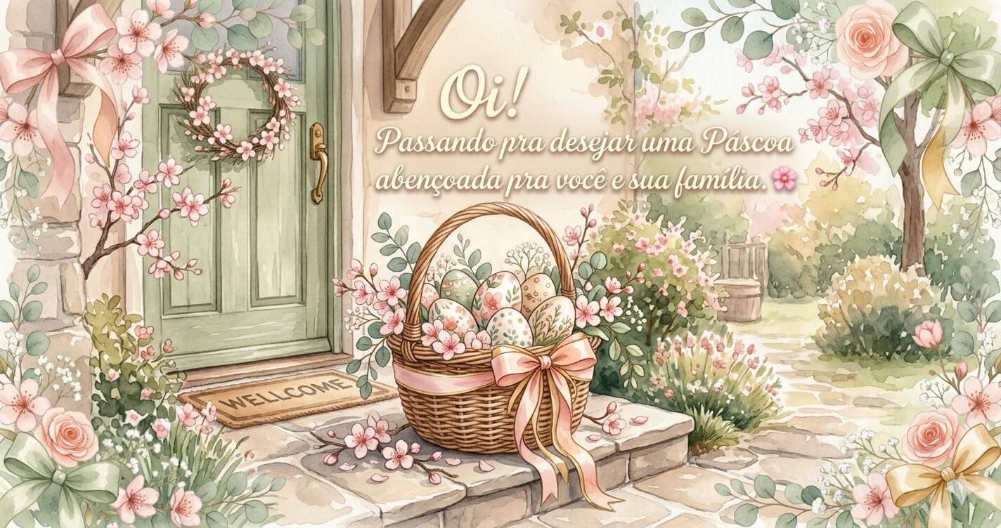 Cartão aquarelado com cesta de ovos de Páscoa decorados na entrada de casa florida, com mensagem de Páscoa abençoada para família