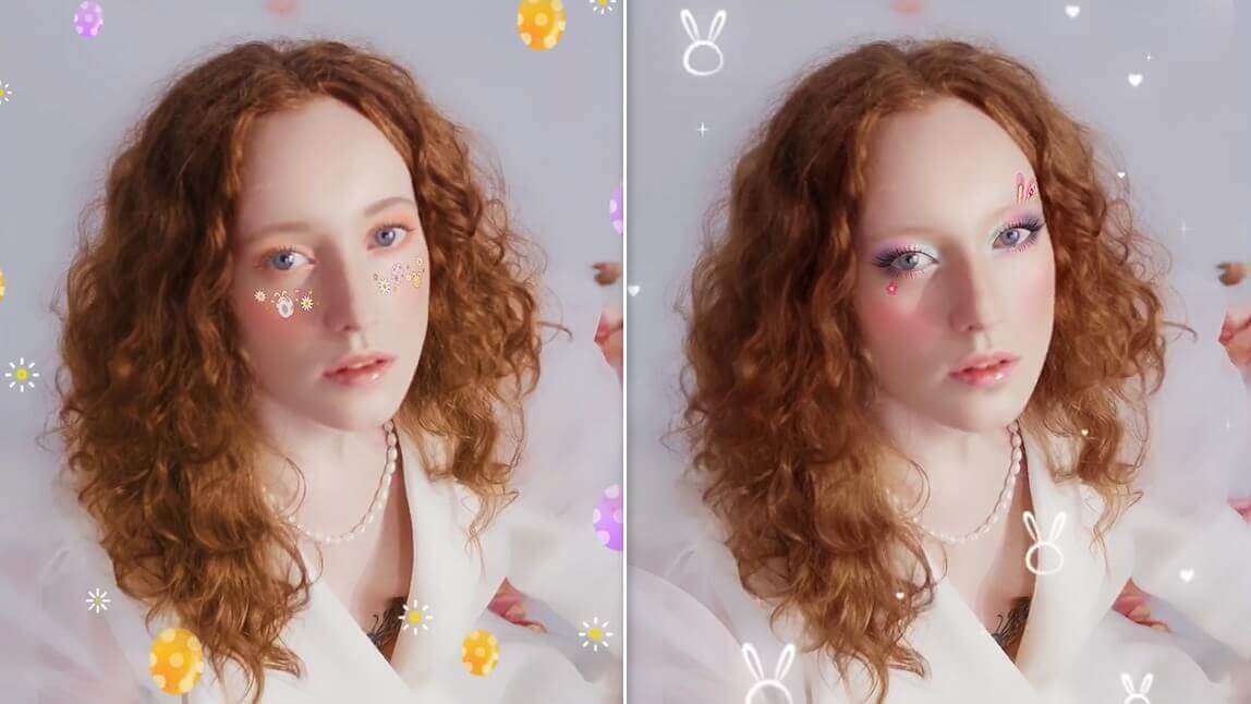 filtros de maquiagem de Páscoa no YouCam Video com sombra pastel e orelhas de coelho