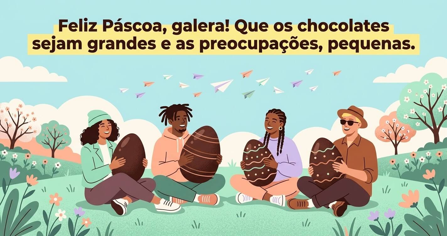 Ilustração flat design de grupo diverso de jovens brasileiros sentados na grama segurando ovos de chocolate gigantes com aviões de papel ao fundo
