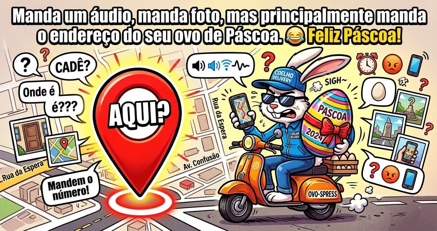 Ilustração cômica de coelho entregador numa moto com ovo de Páscoa gigante e pin de localização com a frase manda o endereço do seu ovo de Páscoa