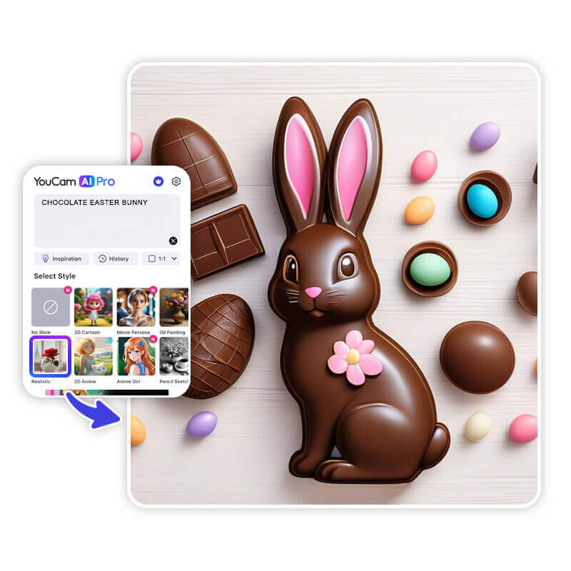 Imagens de ovos de chocolate e coelhos de chocolate de Páscoa criados com IA