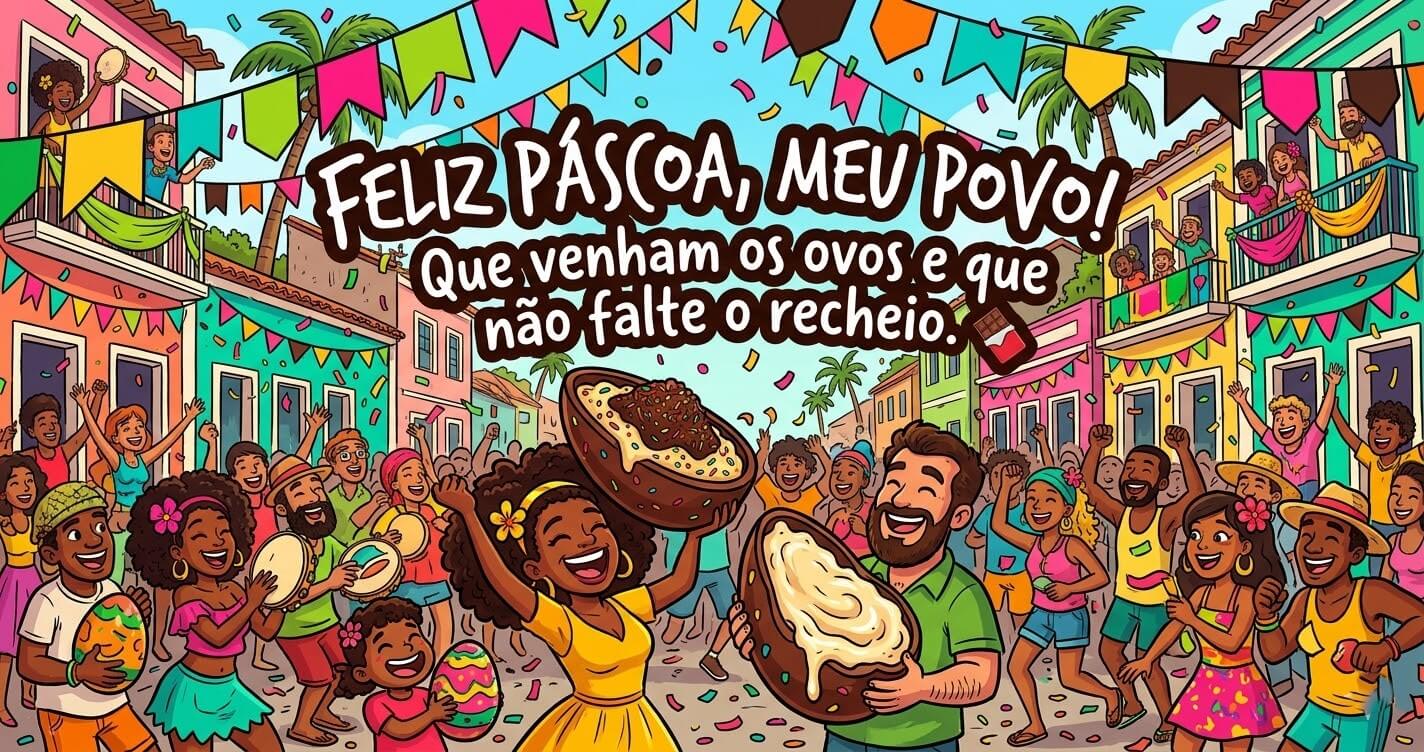 Ilustração vibrante de festa de rua brasileira com multidão diversa celebrando Páscoa com ovos de chocolate recheados e bandeirinhas coloridas