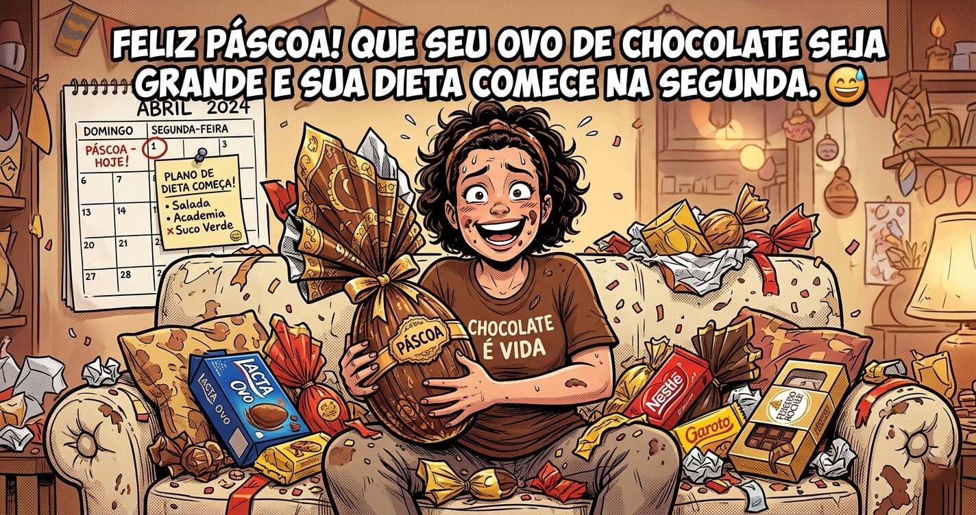 Ilustração engraçada de pessoa com ovo de Páscoa gigante e caixas de chocolate espalhadas, com calendário mostrando dieta começando na segunda-feira