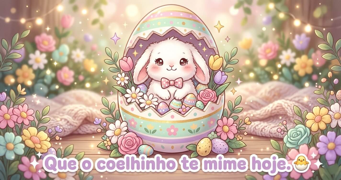 Ilustração kawaii de coelhinho branco fofo dentro de ovo de Páscoa decorado com flores e brilhos, com mensagem Que o coelhinho te mime hoje