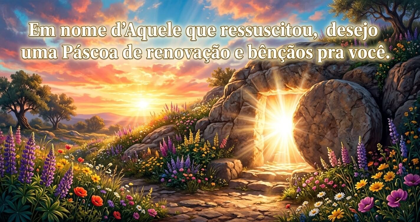 Pintura digital do túmulo vazio de Cristo com luz dourada irradiando pela pedra removida, cercado de flores silvestres ao amanhecer, mensagem de Páscoa de renovação