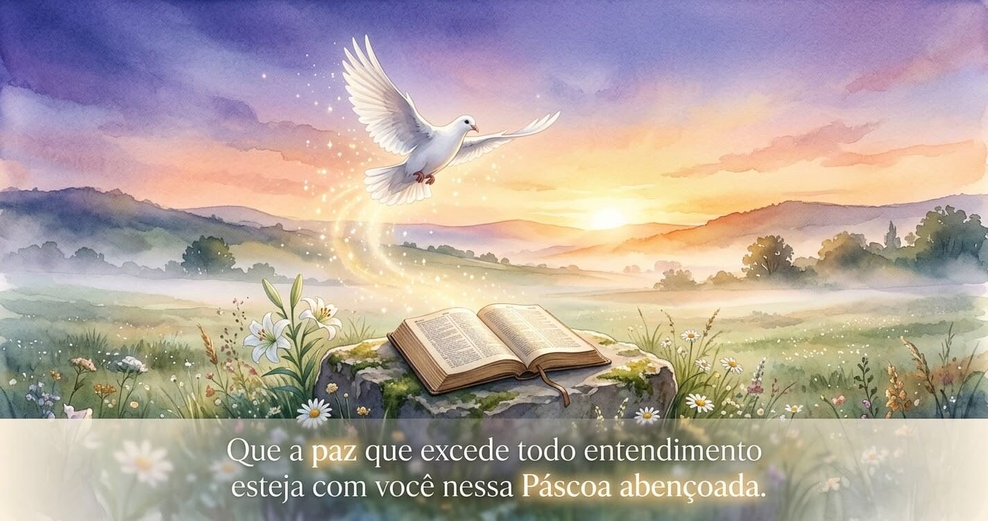Aquarela de pomba branca voando sobre Bíblia aberta em campo florido ao amanhecer, com mensagem sobre a paz que excede todo entendimento na Páscoa