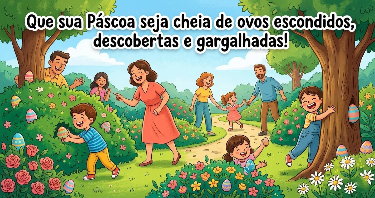 Ilustração de família brasileira feliz procurando ovos de Páscoa escondidos em jardim verde com flores coloridas
