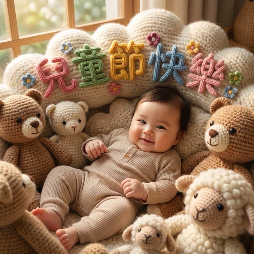 兒童節快樂賀圖：針織毛絨玩偶