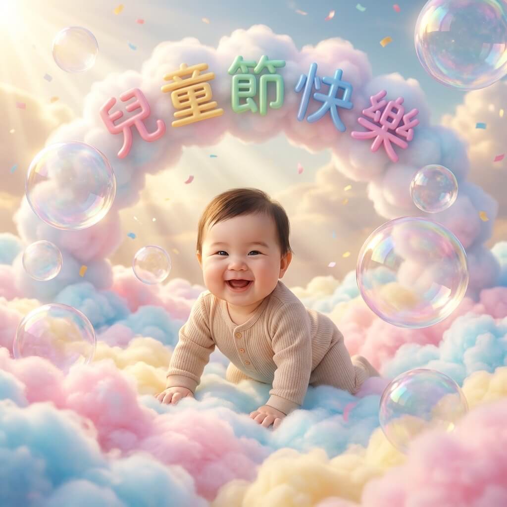 兒童節快樂賀圖：彩虹棉花雲端