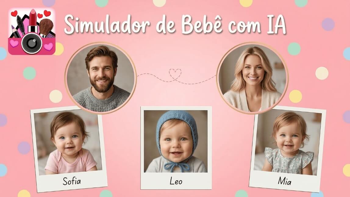 Simulador de bebê com IA do YouCam Makeup mostrando três bebês gerados por inteligência artificial: Sofia, Leo e Mia, a partir das fotos do casal.