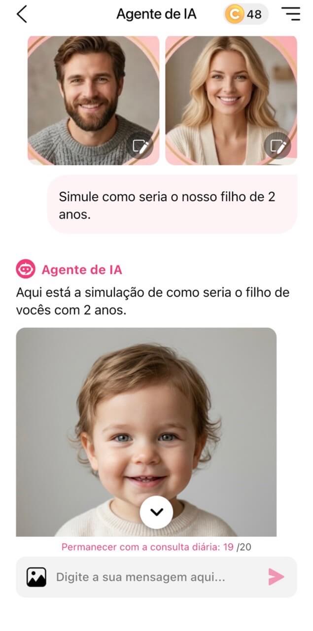 Agente de IA do YouCam Makeup gerando a simulação de como seria o filho do casal com 2 anos a partir das fotos dos pais.