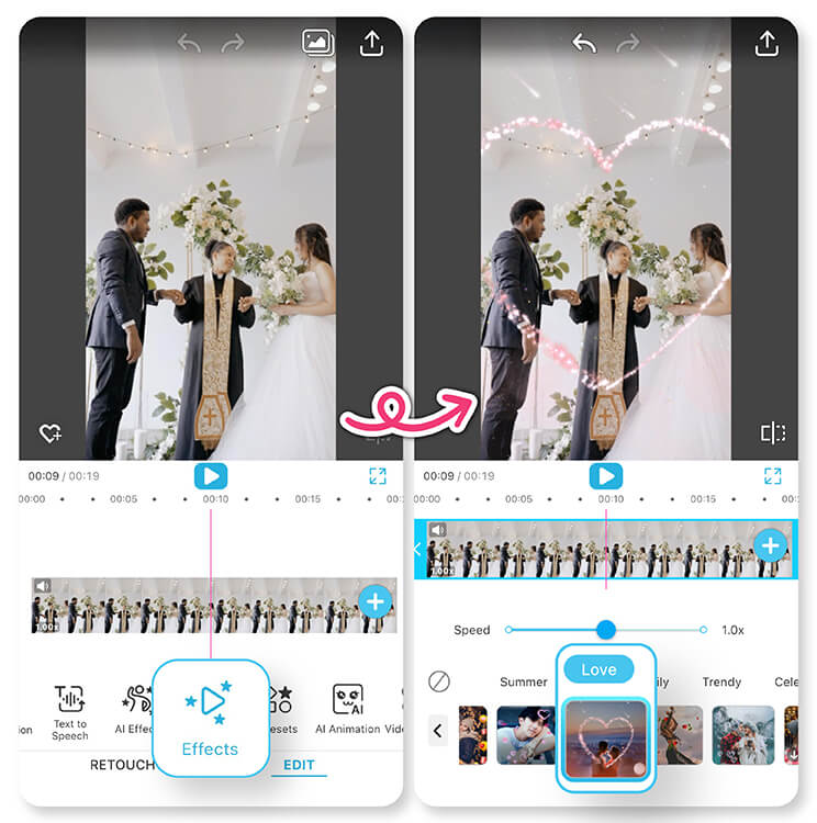 Enhance your wedding video in seconds with filter and effects. Add a personal touch to your wedding video with romantic filters and effects.