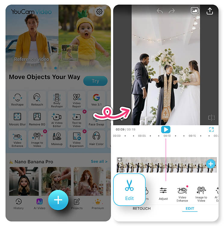 Trim and arrange scenes in your wedding video easily. Download YouCam Video now - the best wedding video editor.