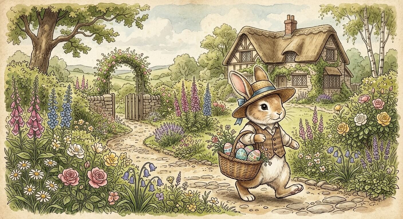 Coelhinho usando chapéu de palha carregando cesta de ovos em trilha de jardim inglês, ilustração vintage