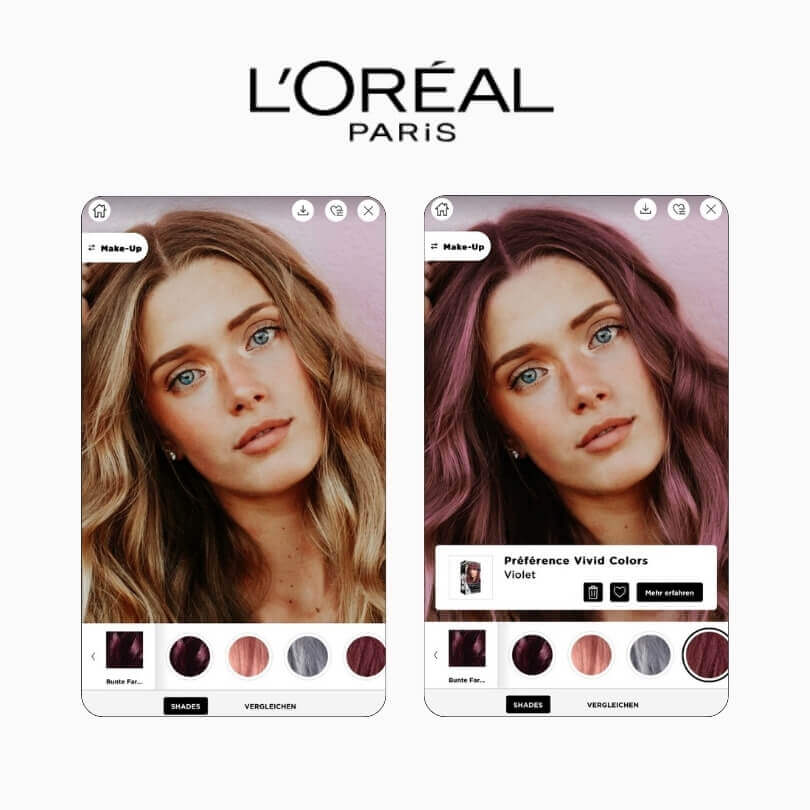 Screenshot des L'Oréal Paris Virtual Try-On Tools zum Testen von Haarfarben.