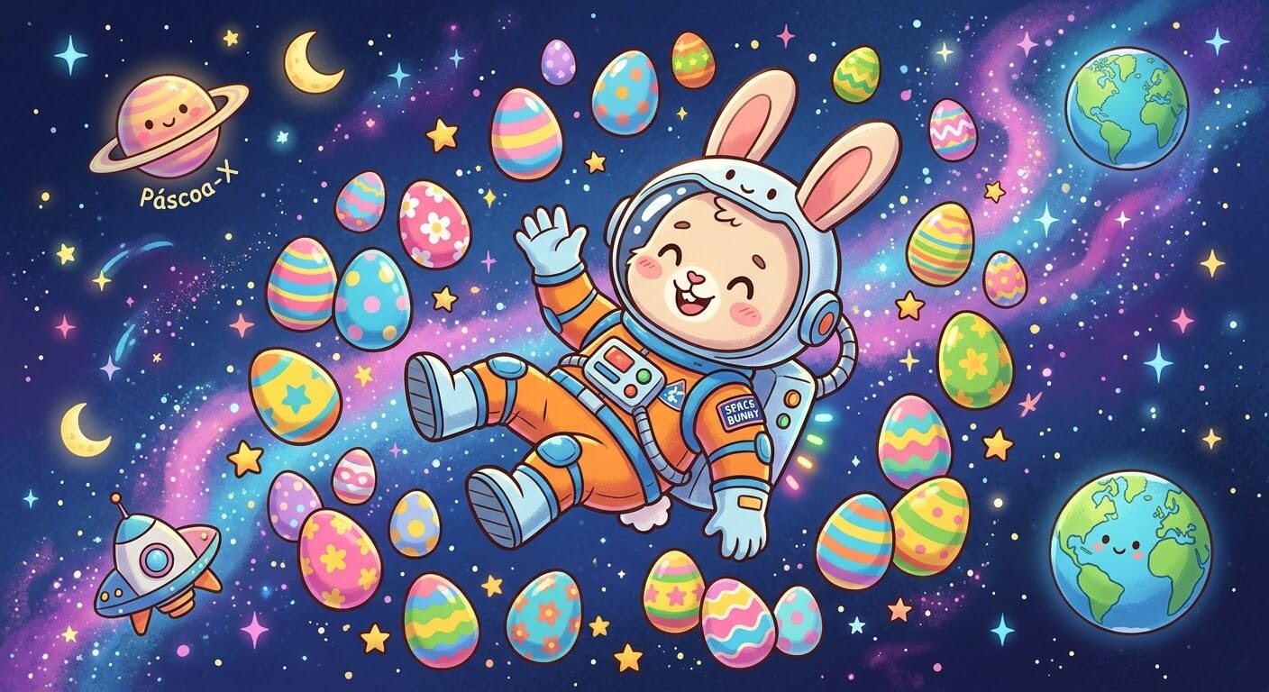 Coelhinho astronauta flutuando no espaço com ovos coloridos ao redor, estilo cartoon