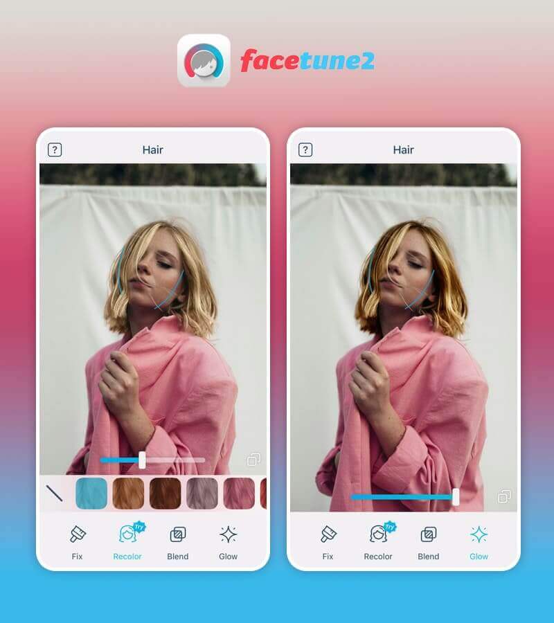 Screenshot der Facetune App, die kreative Haarfarben-Optionen zeigt.