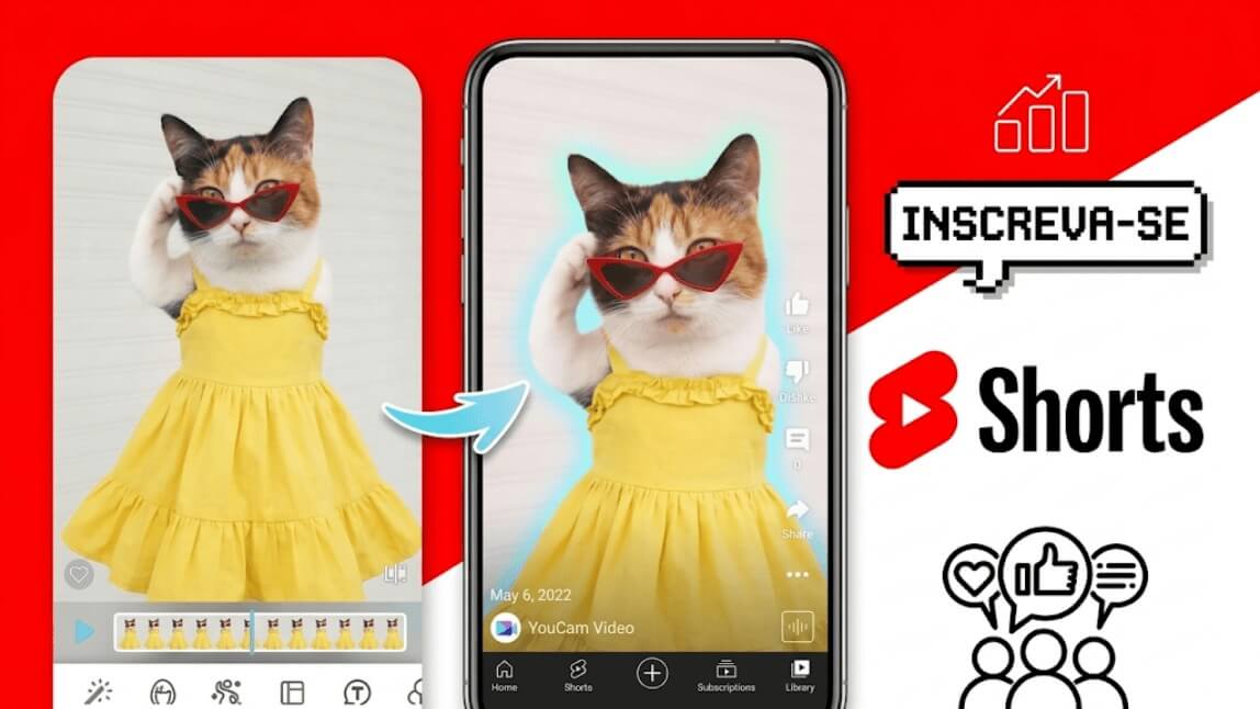 Gato com óculos de sol sendo editado no YouCam Video e publicado como YouTube Short no celular