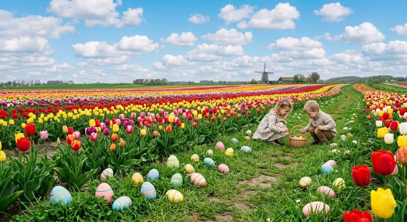 Campo de tulipas coloridas com ovos de Páscoa espalhados na grama, céu azul com nuvens fofas