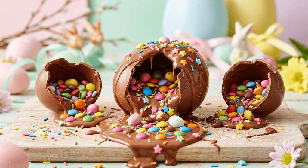 Ovos de chocolate derretendo revelando surpresas coloridas por dentro, fundo pastel