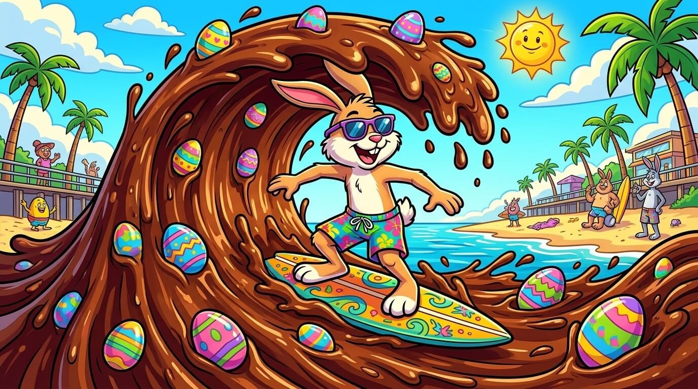 Coelho surfista em onda de chocolate com ovos coloridos, estilo cartoon californiano