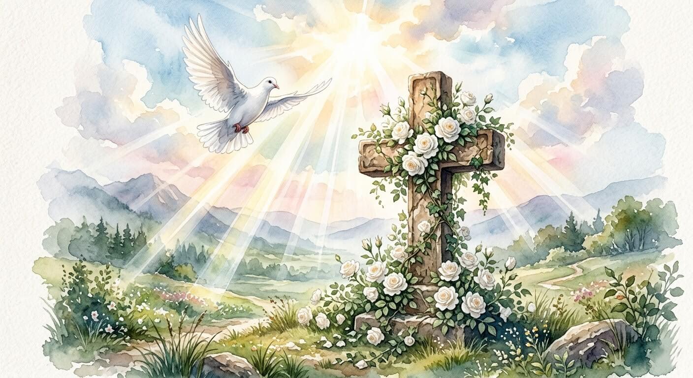 Pomba branca voando sobre uma cruz de pedra coberta de rosas brancas, raios de luz divina, aquarela.