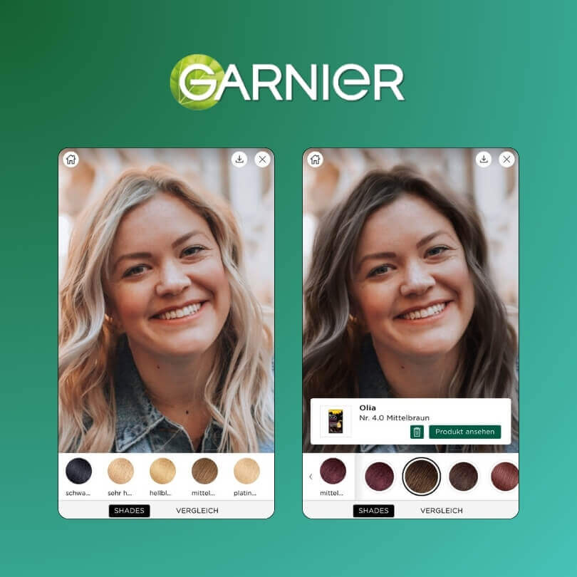 Screenshot des Garnier Virtual Try-On Tools, um online Haarfarben zu testen.