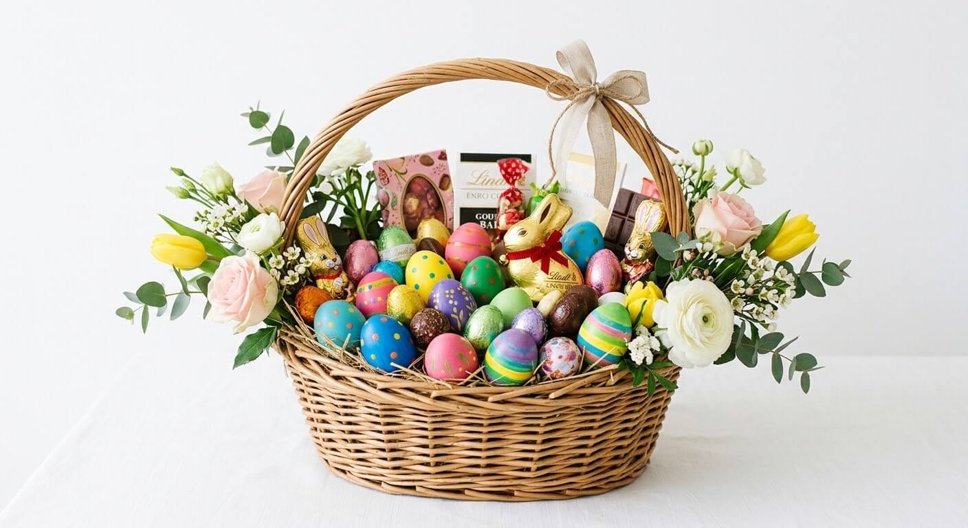 Cesta de Páscoa transbordando de ovos coloridos, chocolates e flores frescas, fundo branco