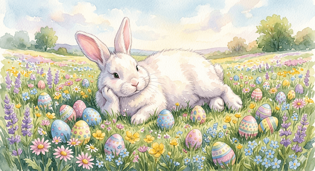 Coelho branco deitado em campo de flores, ovos coloridos espalhados ao redor, estilo aquarela pastel.