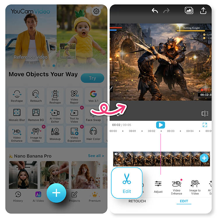 Use AI-powered editing tools in YouCam Video for your gaming videos.
