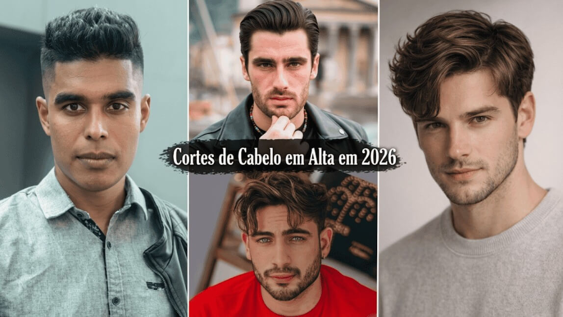 Colagem com quatro homens exibindo cortes de cabelo masculinos em alta em 2026: high fade, slick back, franja bagunçada e ondas texturizadas.