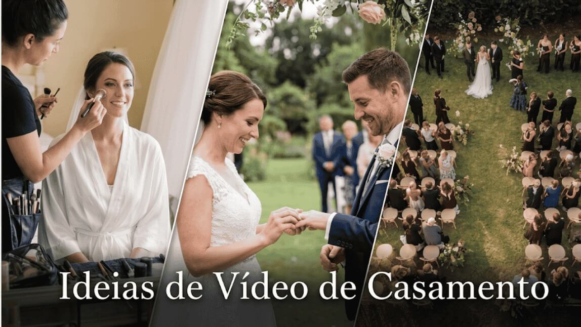 Colagem com três cenas de vídeo de casamento: noiva se maquiando, troca de alianças ao ar livre e vista aérea com drone da cerimônia.