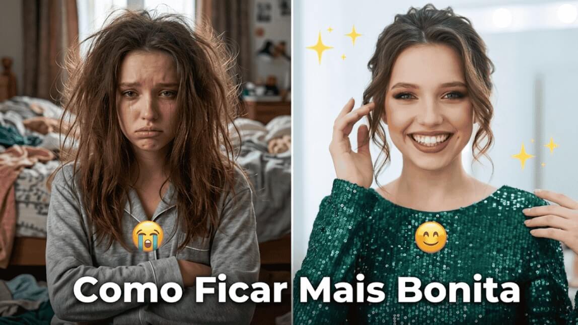 Comparação antes e depois de como ficar mais bonita com dicas de skincare, maquiagem e app de beleza com IA