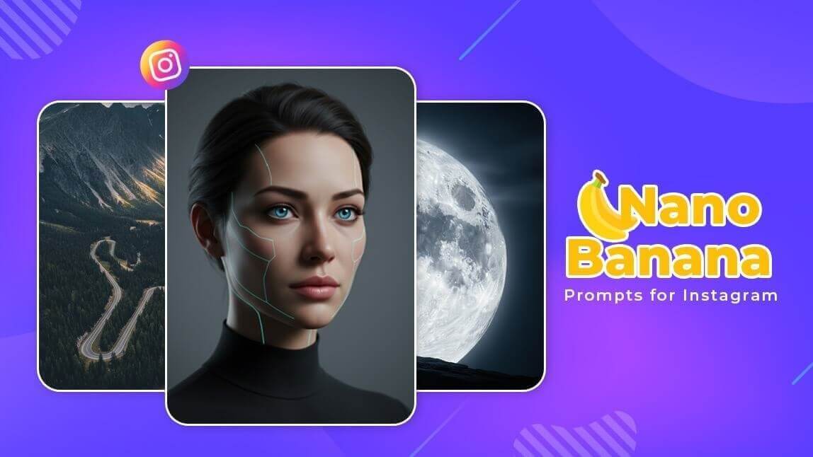 Prompts Nano Banana Pro para fotos profissionais no Instagram: retrato feminino futurista com IA, estrada sinuosa em montanha e silhueta na lua cheia
