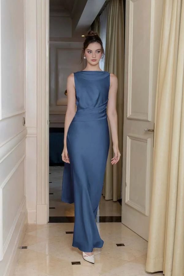 Column black tie wedding guest dress sleek modern silhouette