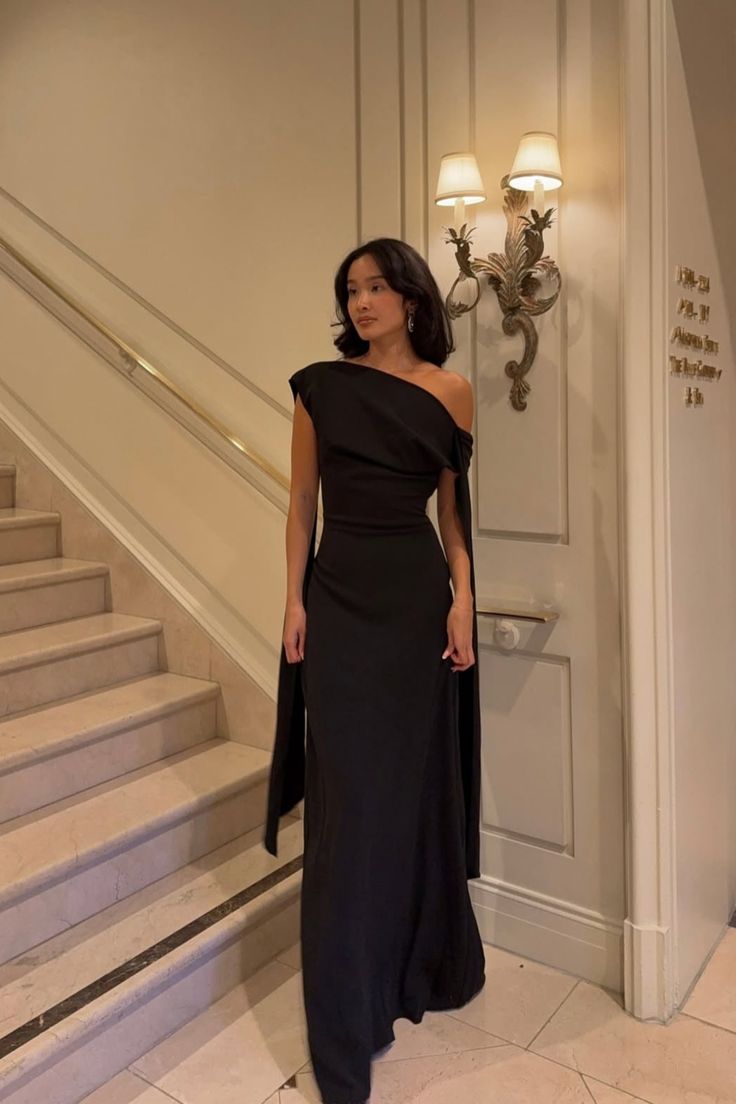 One shoulder black tie wedding guest dress asymmetrical formal style