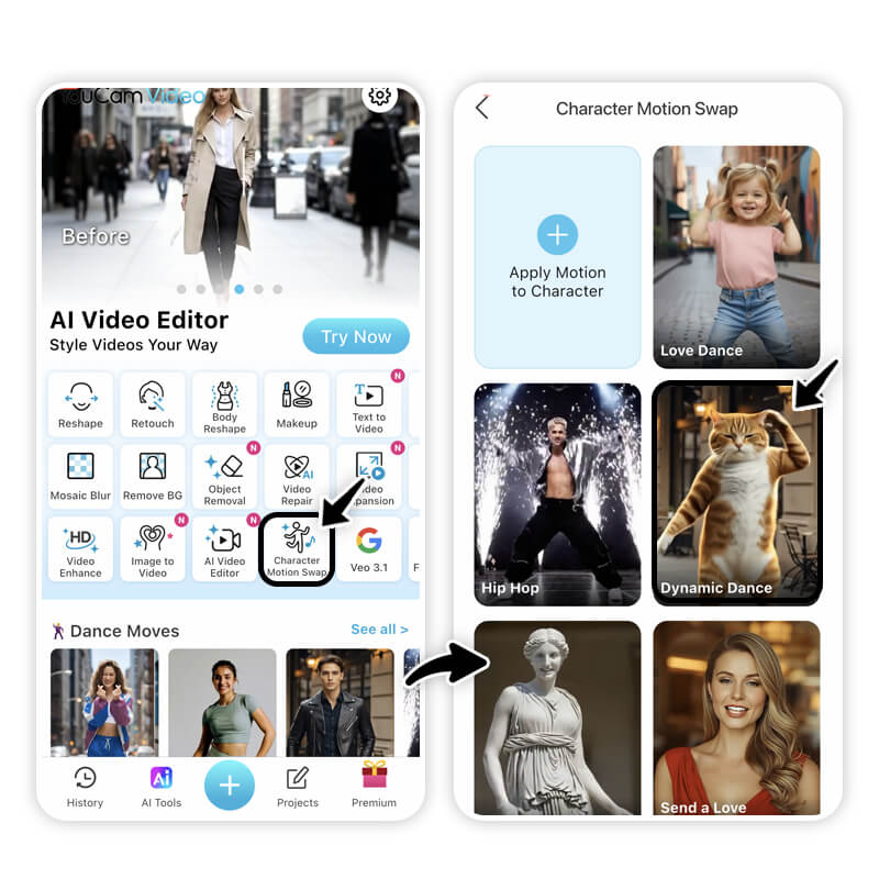 Como usar o Motion Swap no YouCam Video para criar reels animados