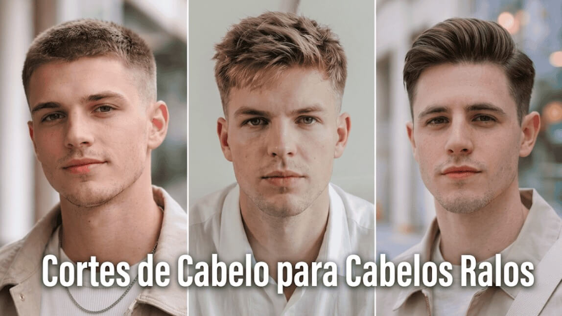 Três cortes de cabelo masculino para cabelo ralo: buzz cut, textured crop e modern comb over em 2026.