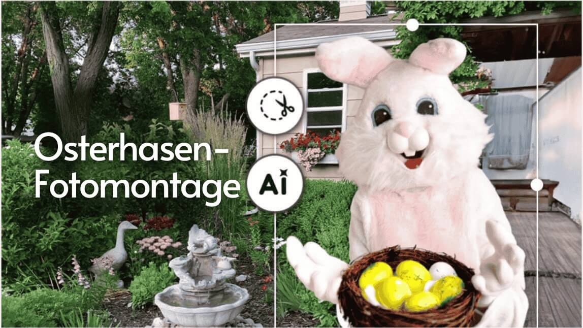 Osterhase mit Ostereiern im Garten – Fotomontage mit KI-Tools und Text 'Osterhasen-Fotomontage'.