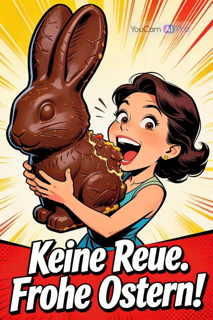 Comic-Illustration einer Frau, die einen riesigen Schokohasen hält – lustiger Ostergruß mit dem Text Keine Reue. Frohe Ostern!, erstellt mit YouCam AI Pro